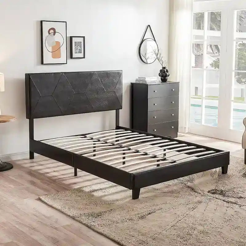 Cadre de lit plateforme rembourré Queen Size, support à lattes en bois, assemblage facile, noir, PU