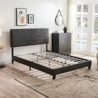 Cadre de lit plateforme rembourré Queen Size, support à lattes en bois, assemblage facile, noir, PU