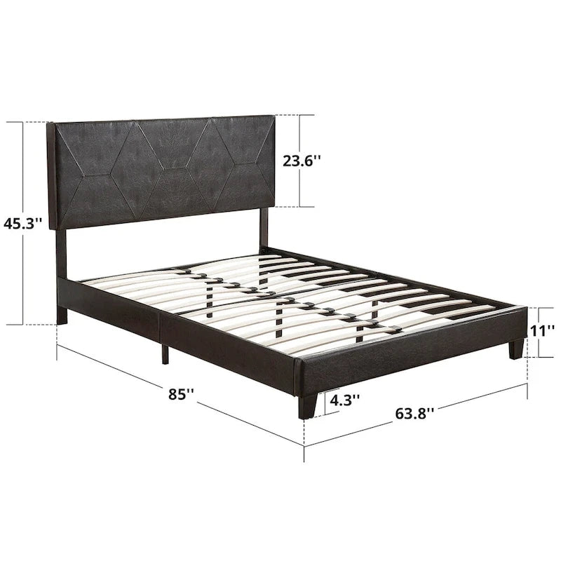 Cadre de lit plateforme rembourré Queen Size, support à lattes en bois, assemblage facile, noir, PU