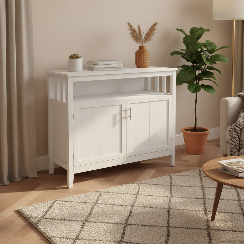 Classic Minimalist Wooden Sideboard with a Cabinet and an Open Storage Compartment