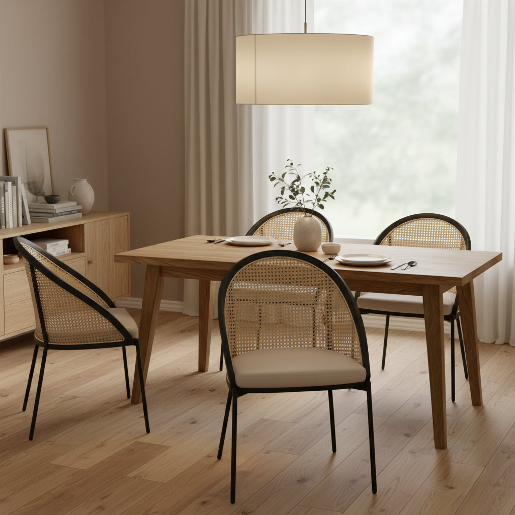 Chaise de salle à manger urbaine moderne et élégante avec assise en cuir et dossier en osier pour la salle à manger et la cuisine