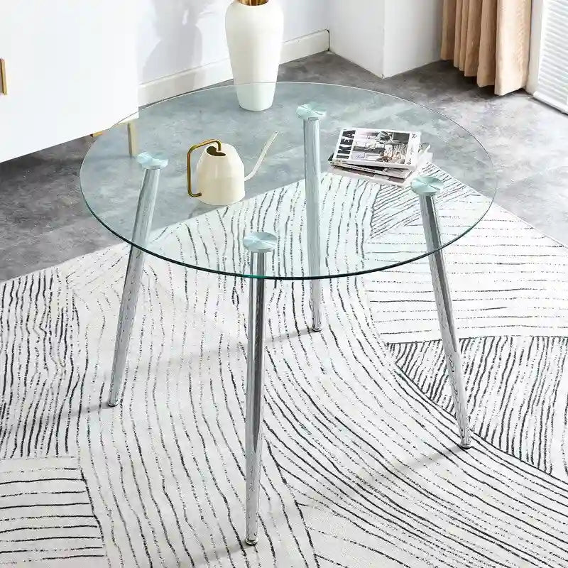 Table à manger de 100 cm de diamètre avec plateau en verre et pieds en métal