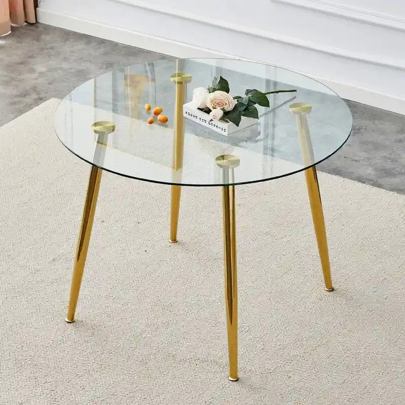 Table à manger de 100 cm de diamètre avec plateau en verre et pieds en métal