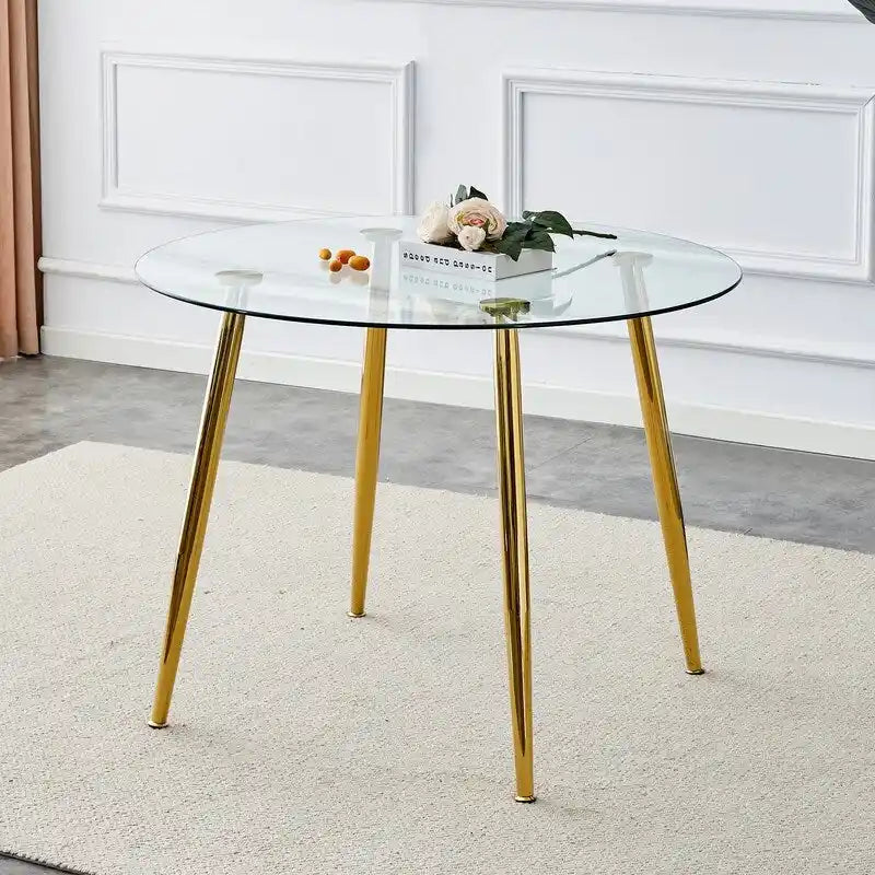 Table à manger de 100 cm de diamètre avec plateau en verre et pieds en métal