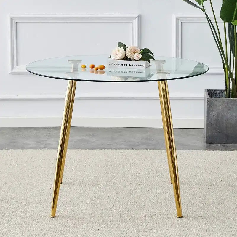 Table à manger de 100 cm de diamètre avec plateau en verre et pieds en métal