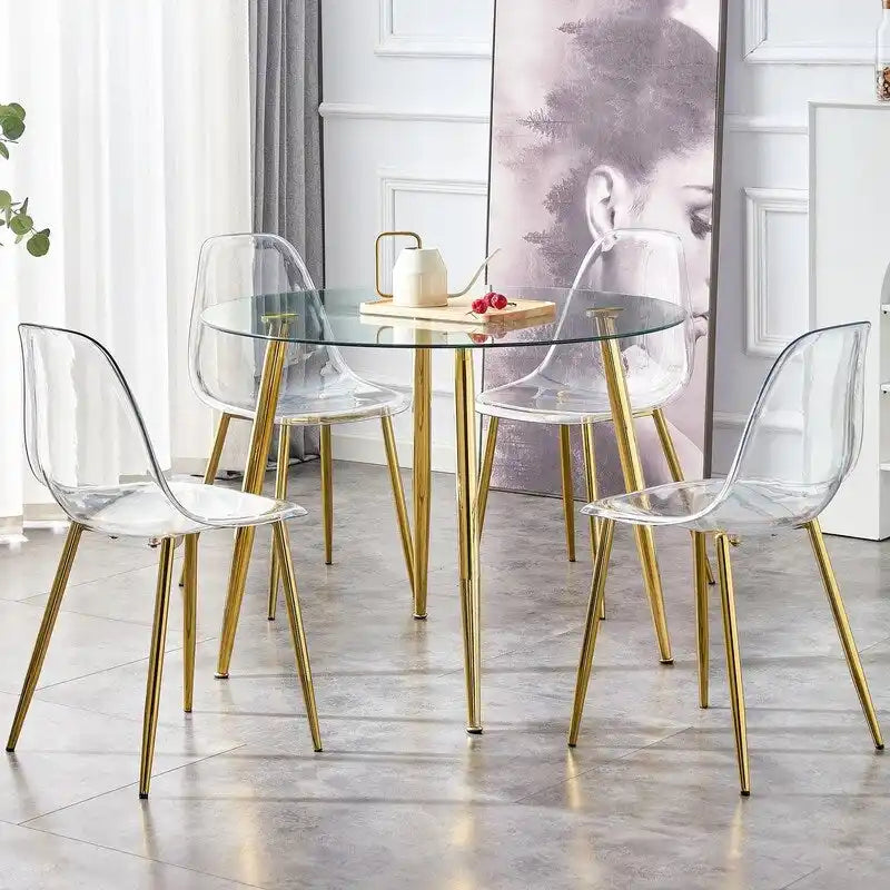 Table à manger de 100 cm de diamètre avec plateau en verre et pieds en métal
