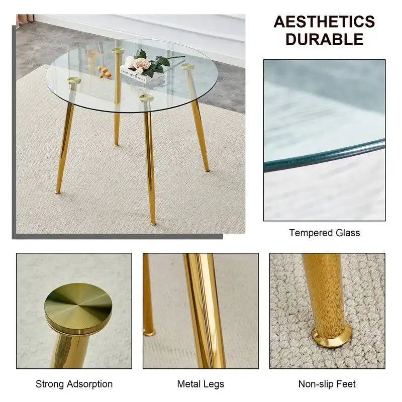 Table à manger de 100 cm de diamètre avec plateau en verre et pieds en métal