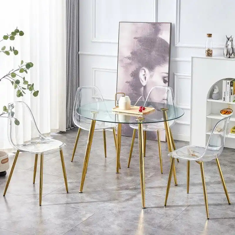 Table à manger de 100 cm de diamètre avec plateau en verre et pieds en métal
