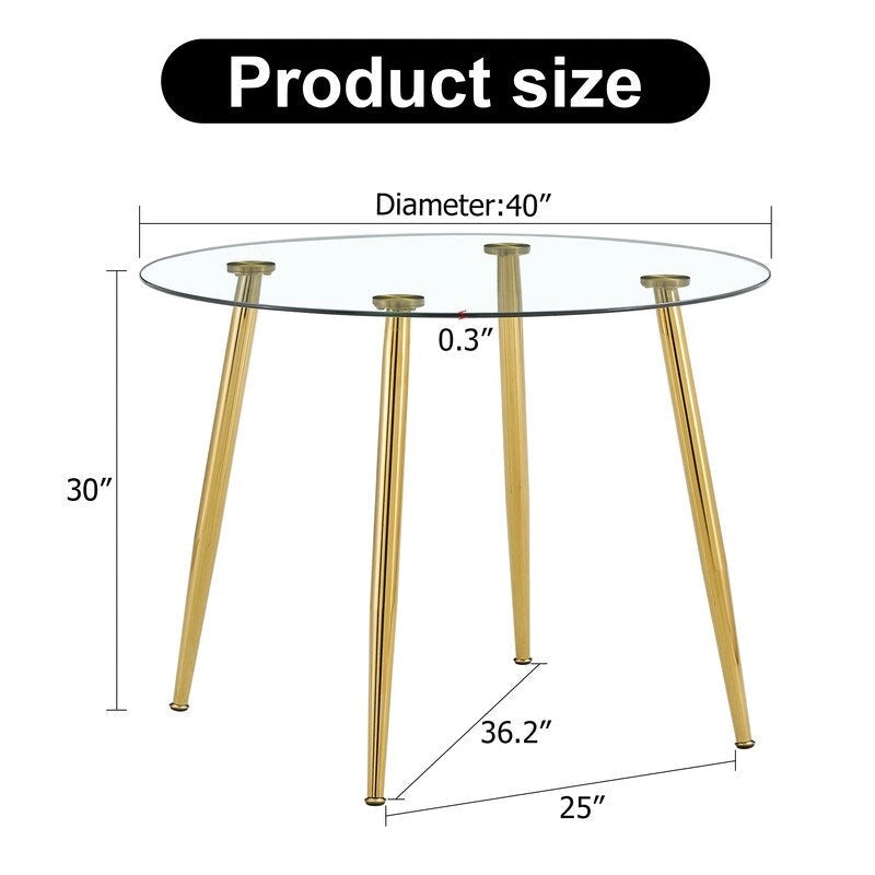 Table à manger de 100 cm de diamètre avec plateau en verre et pieds en métal