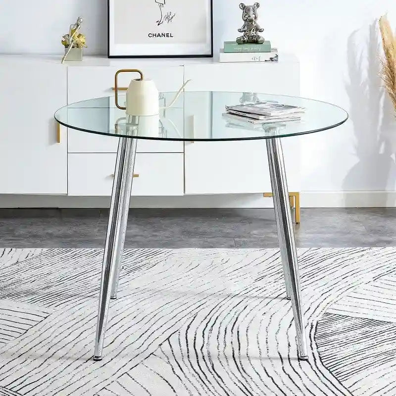 Table à manger de 100 cm de diamètre avec plateau en verre et pieds en métal