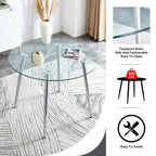Table à manger de 100 cm de diamètre avec plateau en verre et pieds en métal