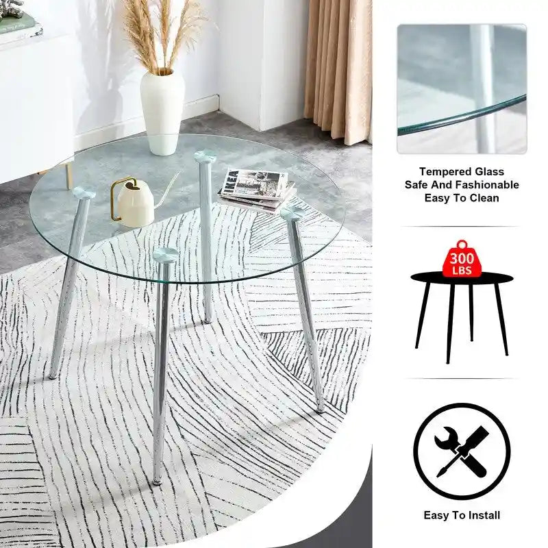 Table à manger de 100 cm de diamètre avec plateau en verre et pieds en métal