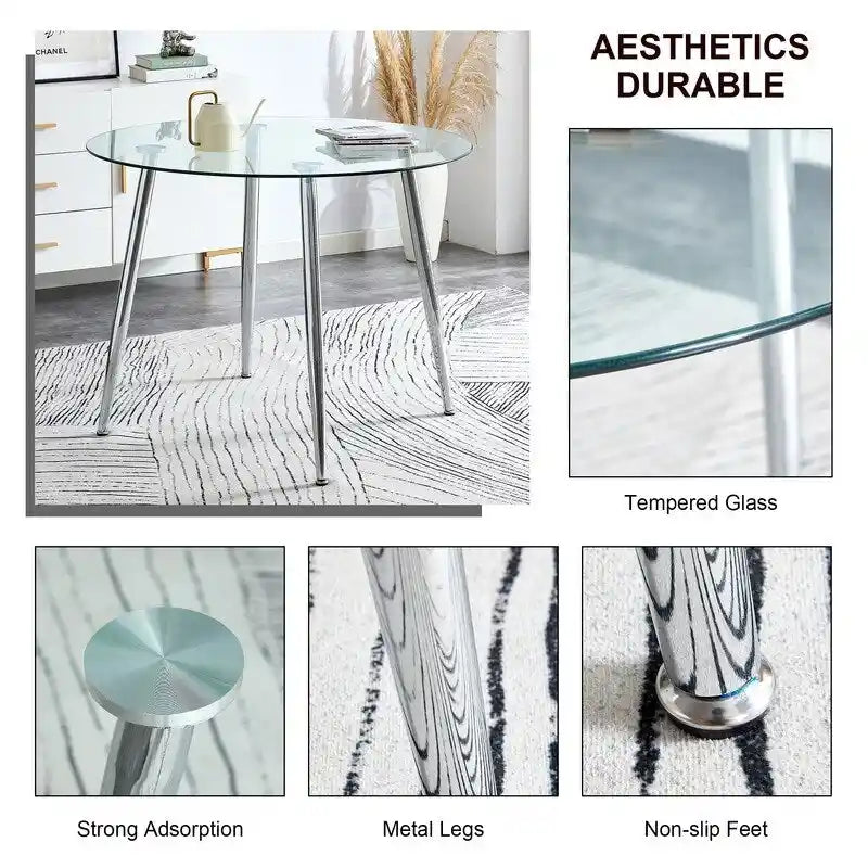 Table à manger de 100 cm de diamètre avec plateau en verre et pieds en métal